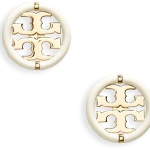 NWOT Tory Burch Gold Double T With White Enamel Trim Round Earrings